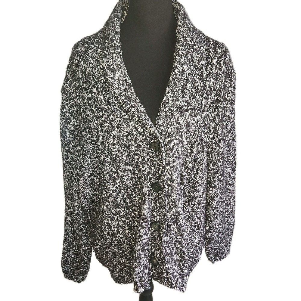 Karen Scott Chunky Button‎ Cardigan Grandpa Sweater Marled Black & White Sz 2X